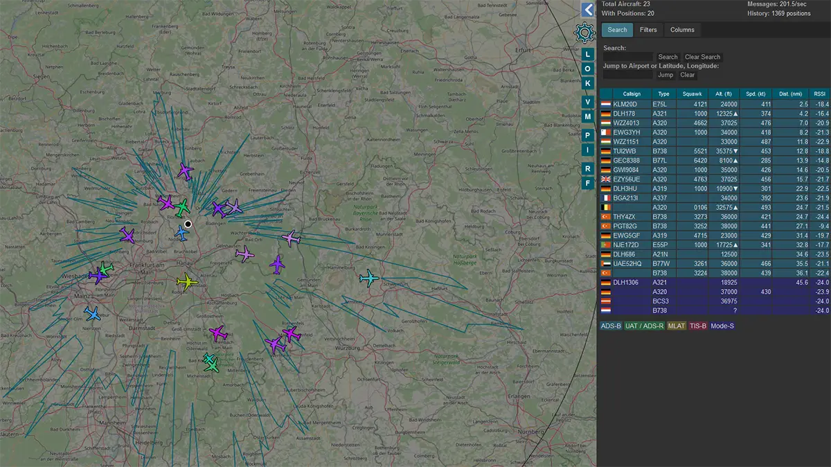 Tar1090 Screenshot mit DVB-T Antenne